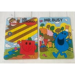 Vintage Mr. Men Little Miss Cardboard Puzzles (2) Mr Busy Mr Strong